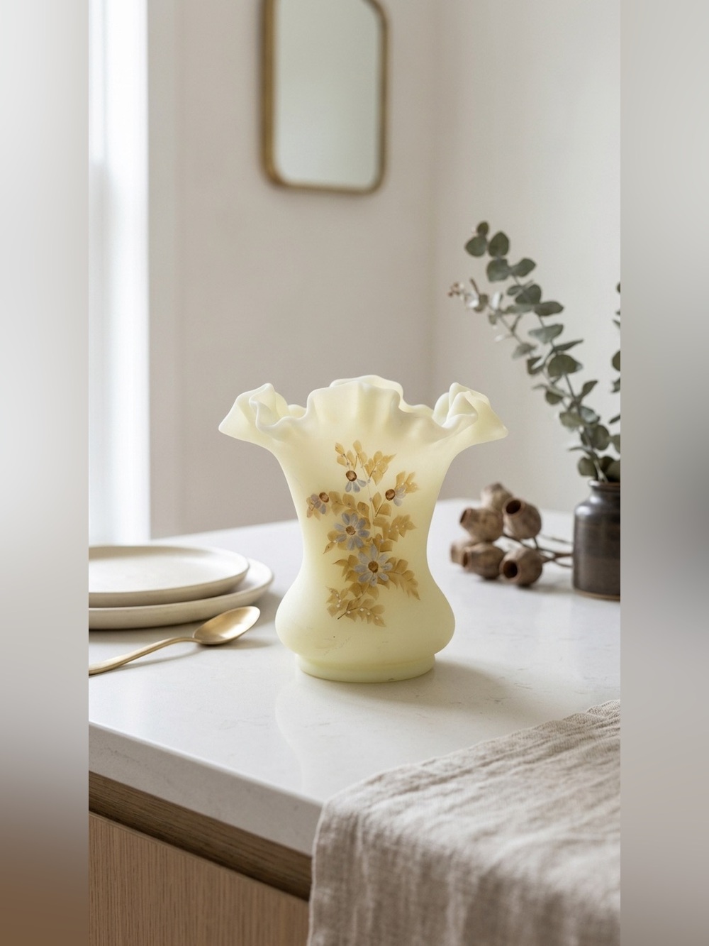 Vintage Fenton Custard Satin Glass Vase Hand-Painted by C. Shaffer